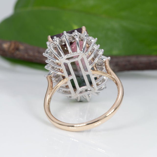 Pink 10Ct Bi-Color Tourmaline Ring With Lab Diamond Accents: Solid 14k Gold, 17x10mm, Size 6.75 For Sale - Image 8 of 9