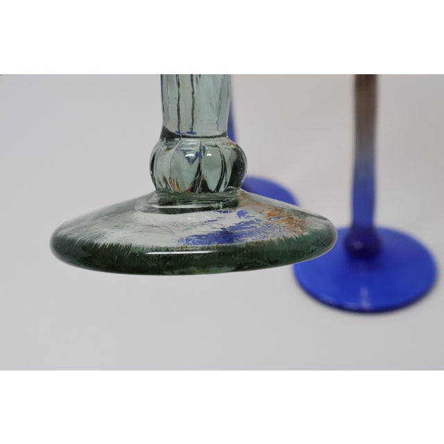 Late 20th Century Rick Strini Signed Iridescent Amber & Cobalt Tulip Art Glass Goblets, Set of 3 For Sale - Image 15 of 18