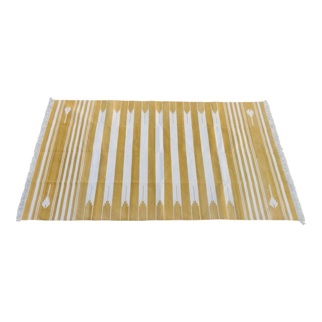 Handmade Cotton Rug, Yellow And White Striped and Cream Fringe - 8'x10' For Sale