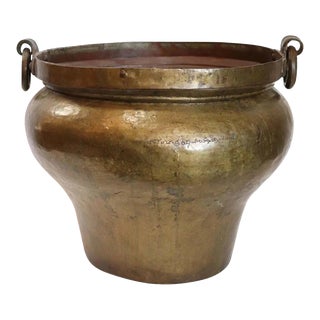 South Indian Hand Hammered Brass Ring Handle Water Storage Pot / Planter For Sale