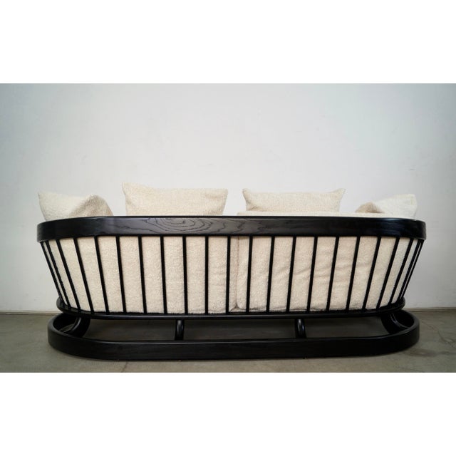 Off-white 1970’s Mid-Century Modern Solid Oak Spindle Back Barrel Lounge Sofa by Howard Furniture For Sale - Image 8 of 12