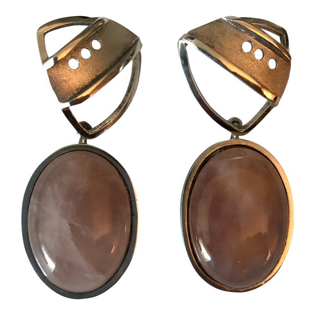 Late 20th Century Art Deco Rose Quartz and Sterling Dangle Earrings - 2 Pieces For Sale