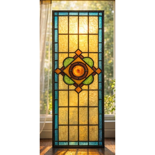 Sky Blue Antique Leaded Stained Glass Window With Amber Eye For Sale - Image 8 of 8