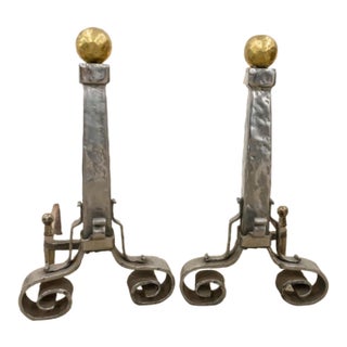Pair of Mid 20th Century Hammered and Polished Steel and Brass Andirons For Sale