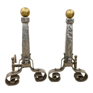 Pair of Mid 20th Century Hammered and Polished Steel and Brass Andirons
