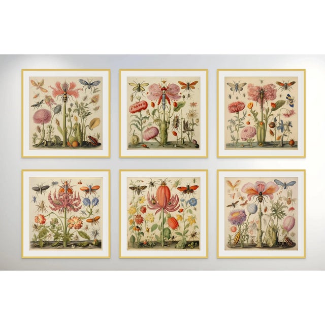 Pink Set of 6 - 54" X 36" Gallery Wall Installation 'Insects and Flowers' Botanical Floral Prints, Unframed For Sale - Image 8 of 9