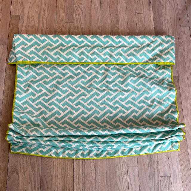Palm Beach Style Custom Quadrille Linen Roman Shade. Turquoise Quadrille Aga linen with chartreuse linen edge. Self...