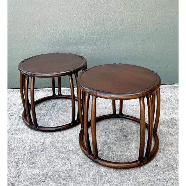 Wood Vintage McGuire Rattan Drum Side Tables - A Pair For Sale - Image 7 of 12