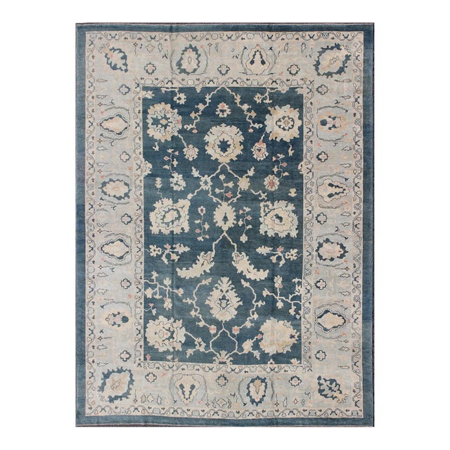Large Turkish Oushak Rug With Dark Teal Blue Background & Ice Blue Border For Sale