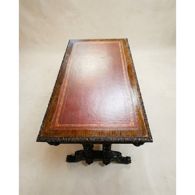 Antique English Jacobean Revival Carved Oak Library Writing Table by Hobbs & Co. London For Sale - Image 4 of 12