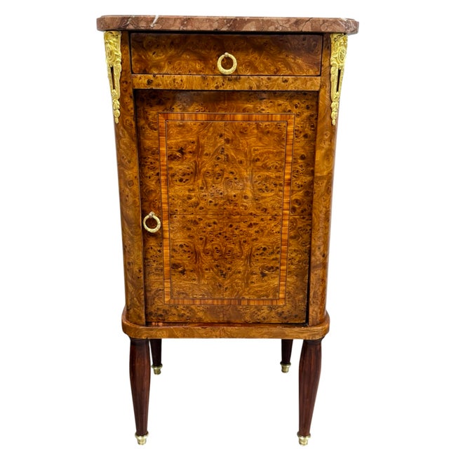 Traditional Antique French Empire Cabinet in Burl Walnut with Pink Marble Top and Gilt Bronze Decoration, France, 1900s For Sale - Image 3 of 9