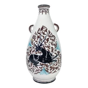 1970s Italian Ceramic Handpainted Handled Deer Vessel