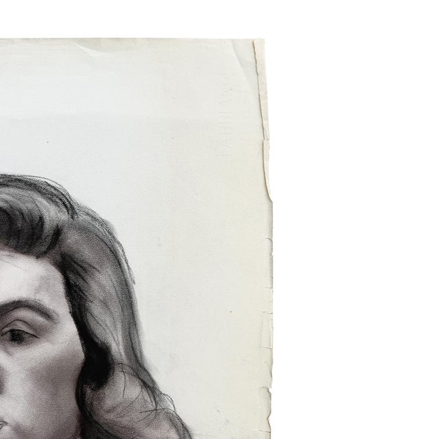 Mid 20th Century Large Vintage Charcoal Portrait Drawing of a Woman With Rolled Curl For Sale - Image 5 of 8