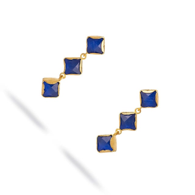 Metal Midnight Blue Cat Eye Gold Earrings, A Pair For Sale - Image 7 of 8