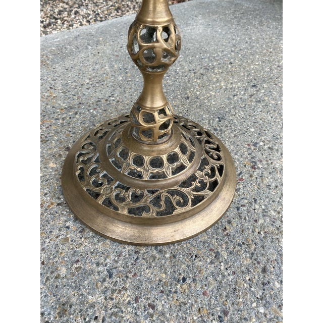 Metal Vintage Pierced Brass Pedestal Side Table With Marble Top For Sale - Image 7 of 13