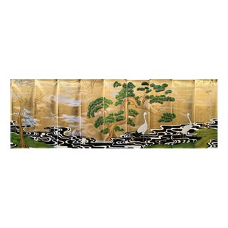 Gold Leaf Japanese Style Crane & Pine Hand-Painted Wall Panels (Set of 10) For Sale