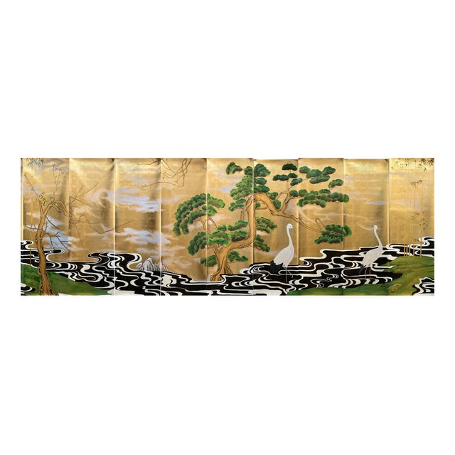 Gold Leaf Japanese Style Crane & Pine Hand-Painted Wall Panels (Set of 10) For Sale
