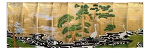 Gold Leaf Japanese Style Crane & Pine Hand-Painted Wall Panels (Set of 10)