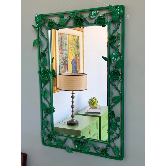 Vintage iron mirror with floral motif this mirror is newly painted in green with gloss finish Dimensions:20"Width x...