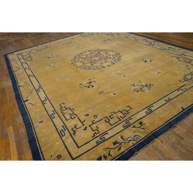 Late 19th Century 1880s Classic Beige Greek Key Floral Antique Chinese Peking Wool Rug 10' X 12'5" For Sale - Image 5 of 8