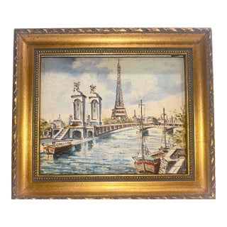 Vintage Miniature Harbor Scene Painting of Paris, France With Eiffel Tower Signed j.s. Reilly For Sale