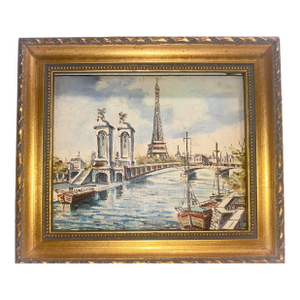 Vintage Miniature Harbor Scene Painting of Paris, France With Eiffel Tower Signed j.s. Reilly