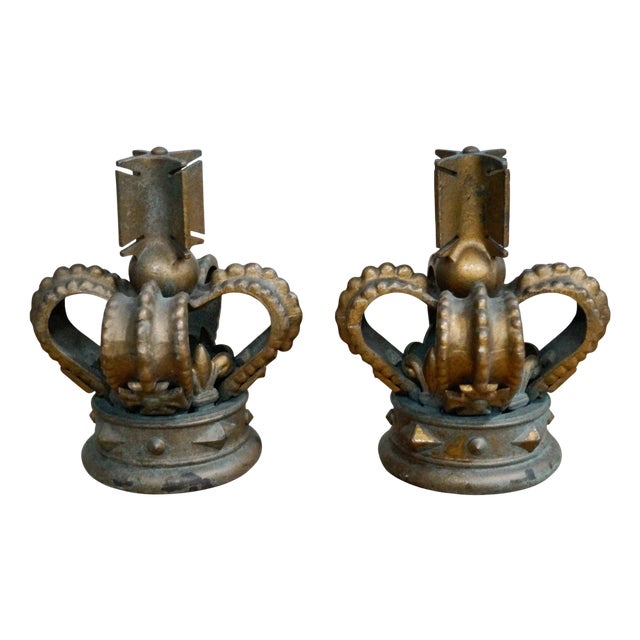 Antique Cast Iron Crown Finials, 1920s, Set of 2 For Sale