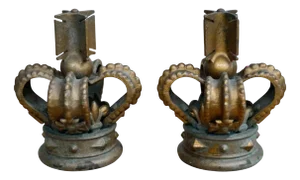 Antique Cast Iron Crown Finials, 1920s, Set of 2