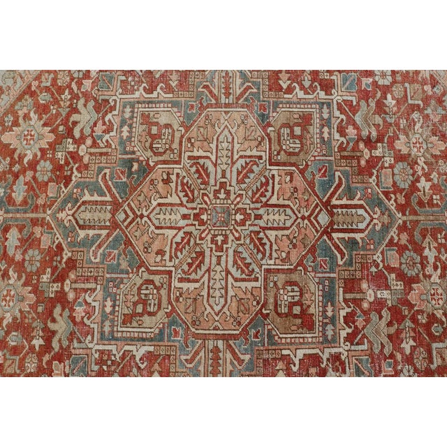 Early 20th Century Antique Heriz Rug With All-Over Medallion Design in Red, Blue, Pink, Tan & Brown For Sale In Atlanta - Image 6 of 13