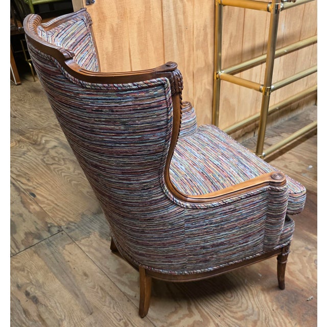 Brown Louis XVI Revival Carved Walnut Fauteuil Armchair With Fluted Legs and Striped Upholstery, 20th Century For Sale - Image 8 of 11