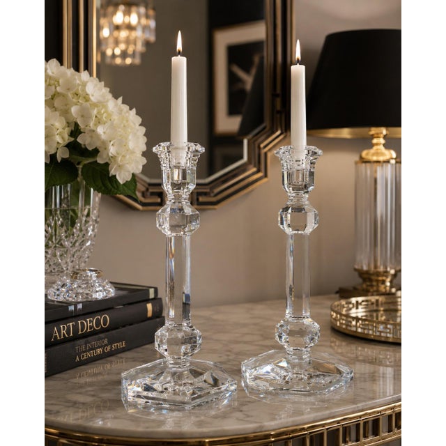 A striking pair of Val St. Lambert vintage crystal candlesticks, featuring the desirable Gardenia pattern with bold...