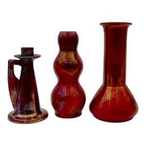 Antique Red Lustre Glazed Art Pottery Collection of Vases and Candle Holder