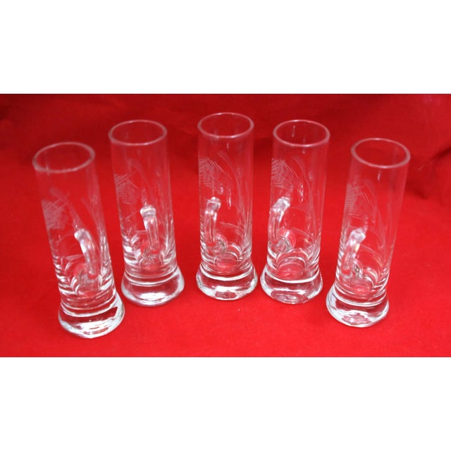 Mid Century Hand Blown Crystal Etched Vodka Cordial Glasses With Applied Handles- Set of 5 For Sale - Image 11 of 12