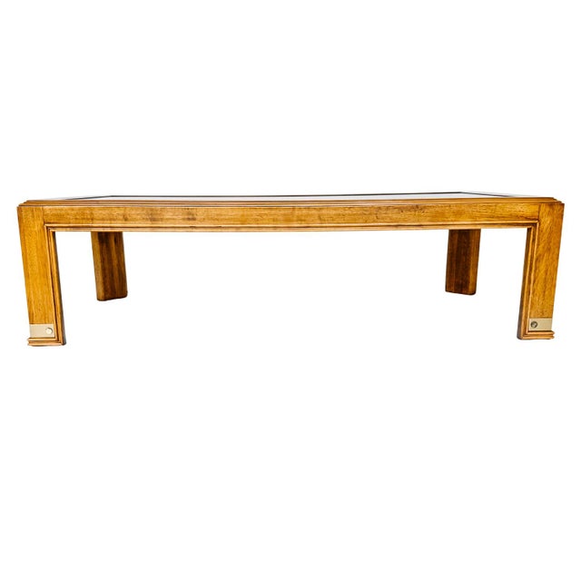 Drexel Heritage Vintage Drexel Heritage Mid-Century Modern Oak Coffee Table With Brass Inlay & Beveled Glass For Sale - Image 4 of 9