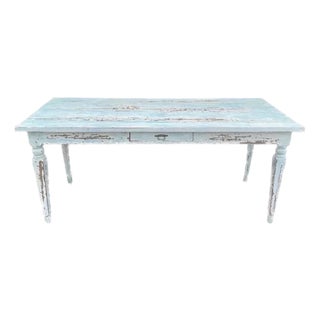 Vintage Coastal Turquoise Rustic Farm Table For Sale
