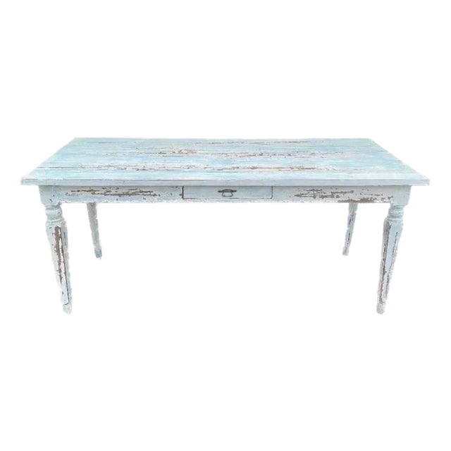 Vintage Coastal Turquoise Rustic Farm Table For Sale