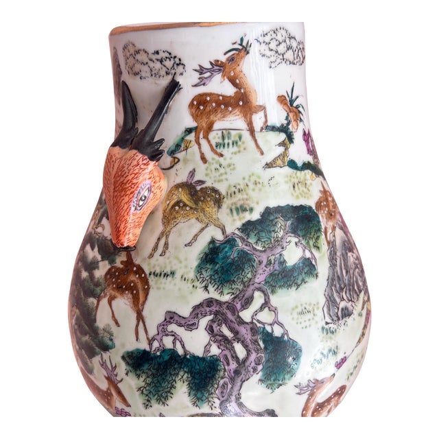 1980s Beautiful 100 Deer vase // Chinoiserie // hand-painted ceramic vase // Asian decor // deer head handles // oversized vase // collectible For Sale