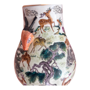 1980s Beautiful 100 Deer vase // Chinoiserie // hand-painted ceramic vase // Asian decor // deer head handles // oversized vase // collectible