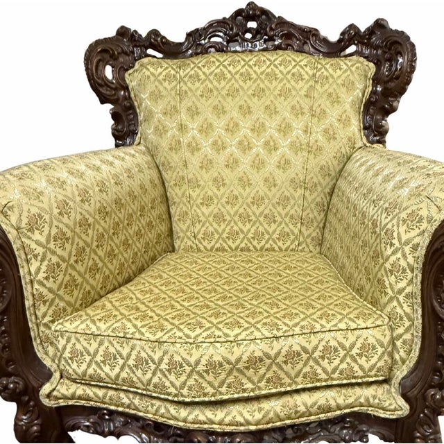 Wood 19th Century Italian Baroque Carved Walnut Sofa & Armchair – Silk Upholstery – Pair For Sale - Image 7 of 12