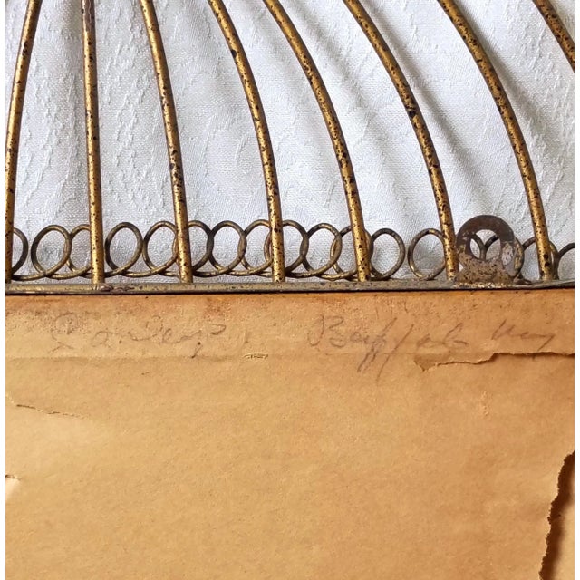 1950s Chinoiserie Caged Blue Bird Original Watercolor Painting by William Edwin Fager Gilt Metal Birdcage Frame For Sale - Image 14 of 17
