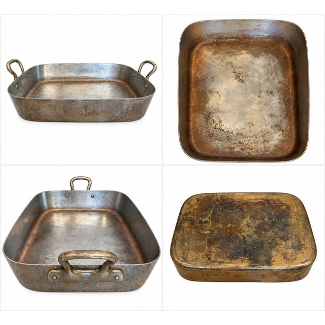 A vintage rectangular solid copper roasting pan with, well-loved roasting pan with plenty of character. Its aged copper...