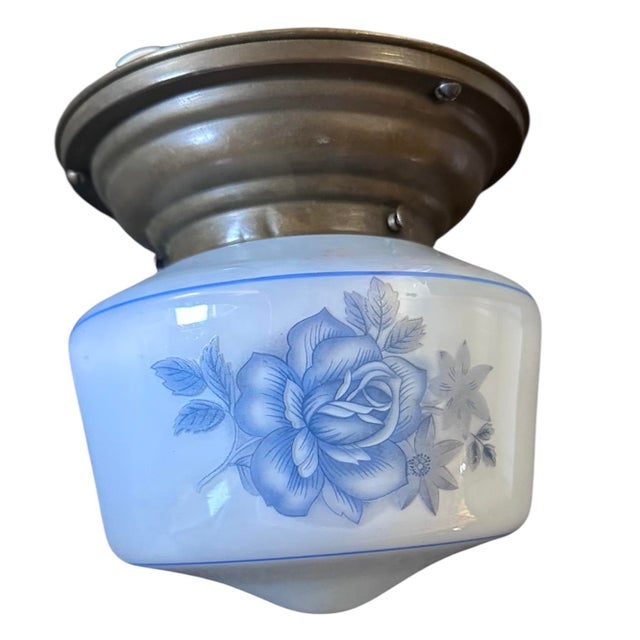1920s 1920s Iridescent Painted Rose Shade on Original Brass Flushmount For Sale - Image 5 of 5