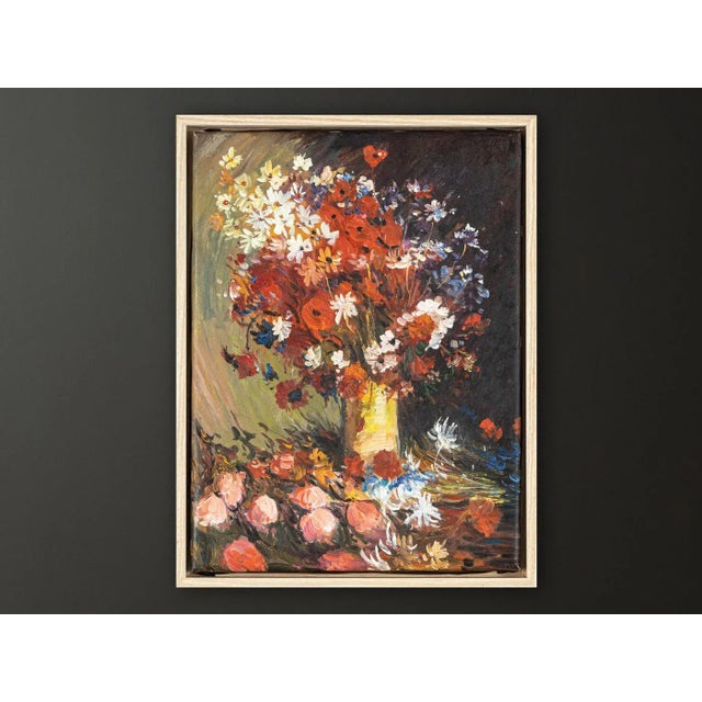 Colorful summer bouquet with red poppies. Oil on canvas ready to hang framed in a shadow gap frame of ash wood. Image size...