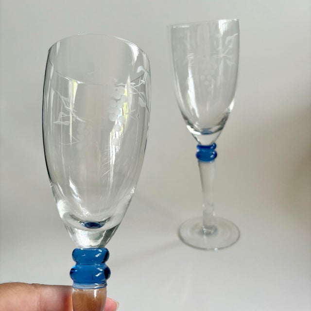 Contemporary Vintage Champagne Flutes Etched Grape Design With Blue Stem Detail - Set of 2 For Sale - Image 3 of 6