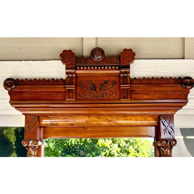 1880s Eastlake Aesthetic Movement Walnut Hall Mirror With Marble Shelf & Drawer For Sale - Image 10 of 16