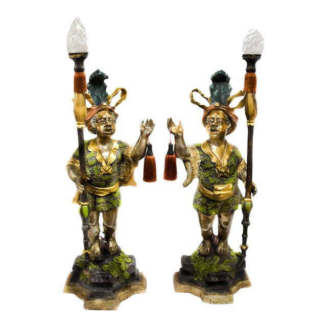 Pair of 62-Inch Italian Venetian Revival Figural Floor Lamps, Hollywood Regency Style For Sale
