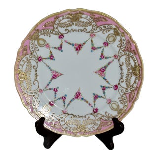 Antique Painted Porcelain Plate Nippon Encrusted Gold Pink Rose Garlands For Sale