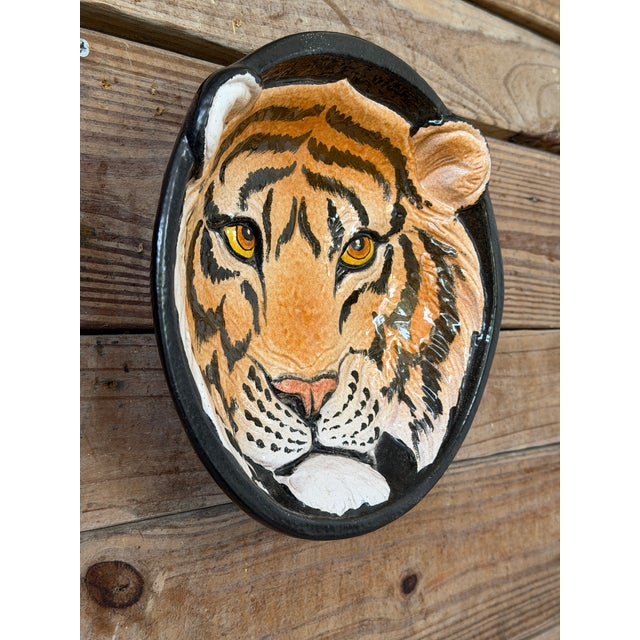 Vintage Italian Glazed Terracotta Tiger Wall Plate | Sculptural Ceramic Wall Art For Sale - Image 4 of 12