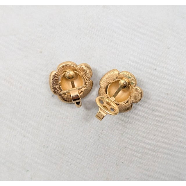 Metal Vintage 1970s Signed Crown Trifari Goldtone Faux-Pearl Flower Clip Earrings-2 Pieces For Sale - Image 7 of 7