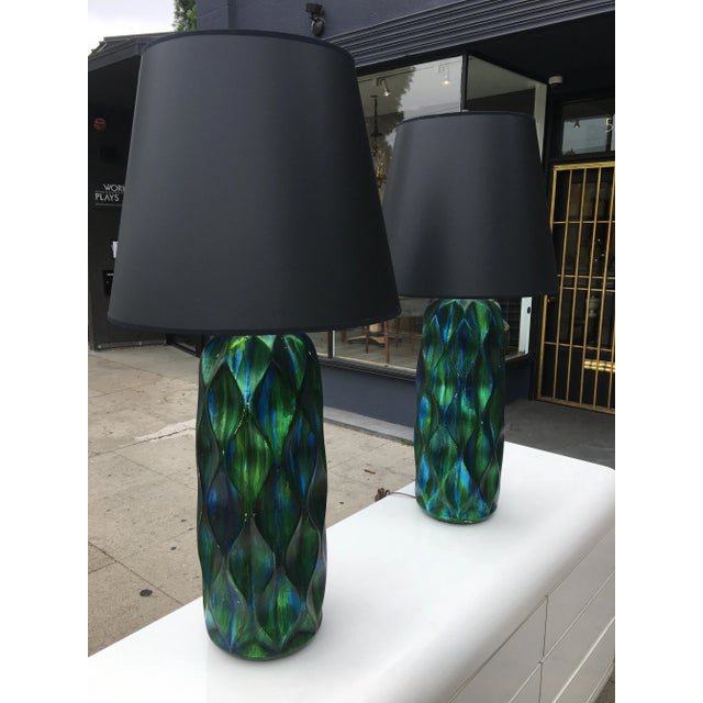 Pair of Tall Mid-Century Iridescent Ceramic Table Lamps – Blue & Green Glaze With Custom Shades For Sale - Image 10 of 12